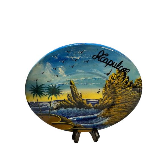 Vintage Acapulco Souvenir Hand Painted 8" Cliff Diver of La Quebrada Wood Plate - Picture 3 of 9